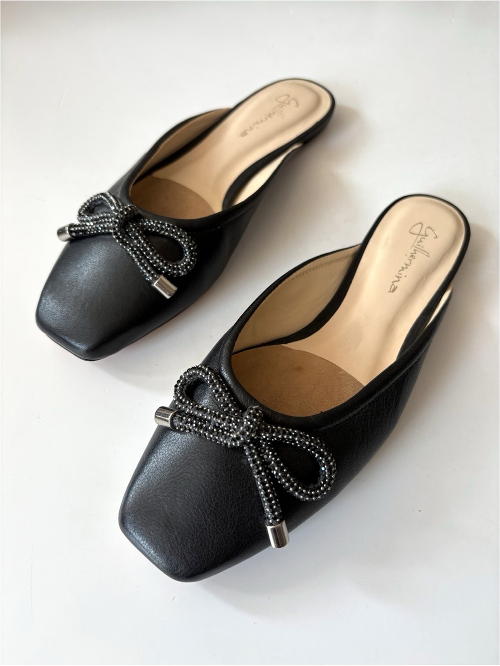Anthropologie ||‎ Guilhermina Ballet Mules Crystal Bow Leather Flats Black US 7